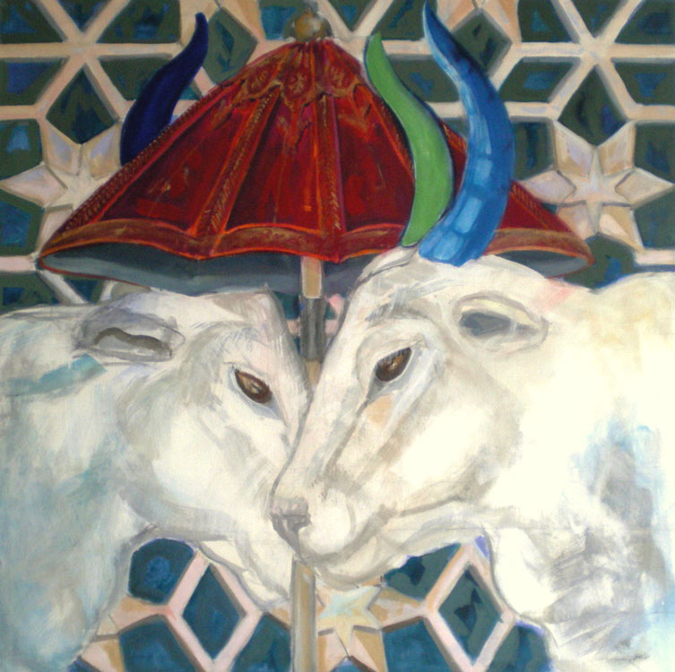 White Cows under a red Umbrella, 120 x 120 cm, acryl/canvas