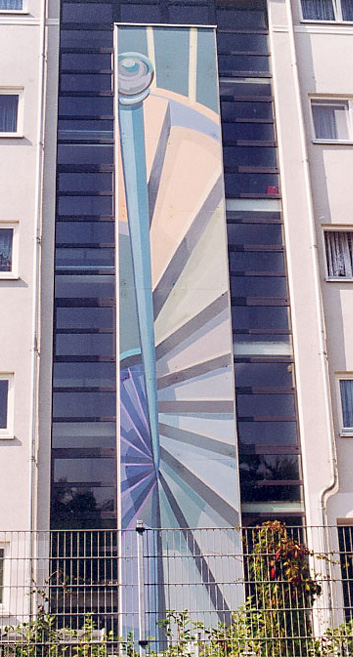 Vier Fassadenbilder vor je einer Glasfront - An der Wuhlheide 88-94, Berlin-Köpenick, 1997/98 Four facade pictures, each before a glass front